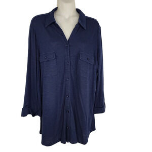 Chico's Womens Top Knit Button 3/4 Tab Sleeve Blue Pockets Collared Size 2 Large